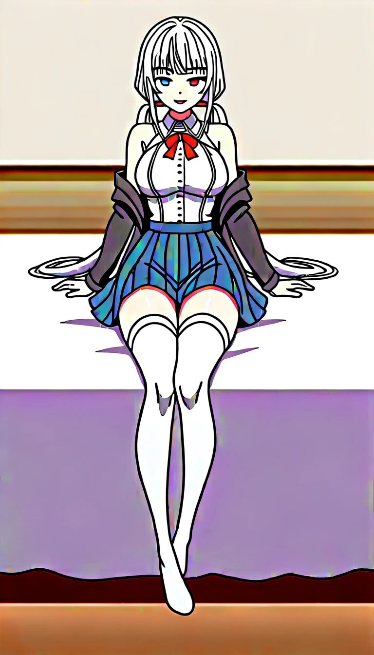 1girl, solo, full length, long hair, twintails, large breasts, looking at viewer, legs, hands, five fingers, bangs, smile, parted lips, heterochromia, red eyes, blue eyes, lying , arrogant smile, legs, stockings, indoors, on the bed, takes off one stocking, black blazer, white shirt, classic shirt, shirt under blazer, blue skirt, short skirt, pleated skirt,  white stockings, crossing legs, large breasts, low twintails, best quality, detailed, bare shoulders, heterochromia, red eyes, blue eyes, bare hip, hands down to stockings,