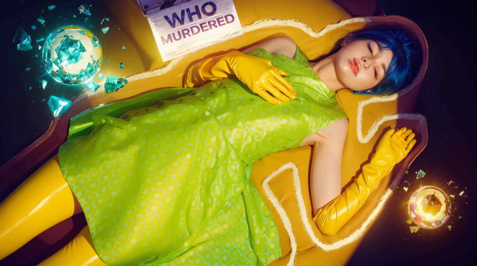 This image presents a visually captivating scene, featuring a woman lying amidst a fantastical setting. The woman, with striking blue hair and closed eyes, appears serene as she rests on a surface that transitions from deep purple to a golden hue. She wears a vibrant green dress that echoes the geometric patterns of her surroundings, complemented by bold yellow gloves that extend to her elbows. In the foreground, two magical orbs—one shattered in pieces emitting a bright blue light and the other intact, glowing with a warm orange hue—are placed near her, suggesting a narrative of mystical or supernatural elements. The broken orb, in particular, adds a dynamic contrast, with its sharp shards scattered around, reflecting light and enhancing the ethereal quality of the scene. The combination of rich The overall composition suggests a moment of dramatic transformation or destruction of a powerful, enchanted object. glossy texture, smooth broken glass magic ball of turquoise color with fragments lying nearby frame above from above on a white background 3d model, multiple light sources, rim light, sharp post broken glass magic ball of turquoise color with fragments lying nearby frame above from above on a white background effects render, (glossy plastic texture with multiple big light probe refractions), perfect cgi, smooth silhouette, high intensity refraction, (super glossy plastic material), most beautiful vfx, , realistic, 4k, high resolution, rim light, smooth 3d model, multiple light sources, rim light, sharp post effects render,, realistic, 4k, high resolution, rim light detailed digital art, reflective, best quality, 4k, masterpiece:1.2, ultra-detailed, realistic, vivid colors, The image of the highest quality, ensuring every detail showcased perfectly. It in 4k resolution, allowing viewers to immerse themselves in the richness of the colors and intricate details. The realistic rendering. under the spotlight, reflecting, high-resolution image, realistic rendering
