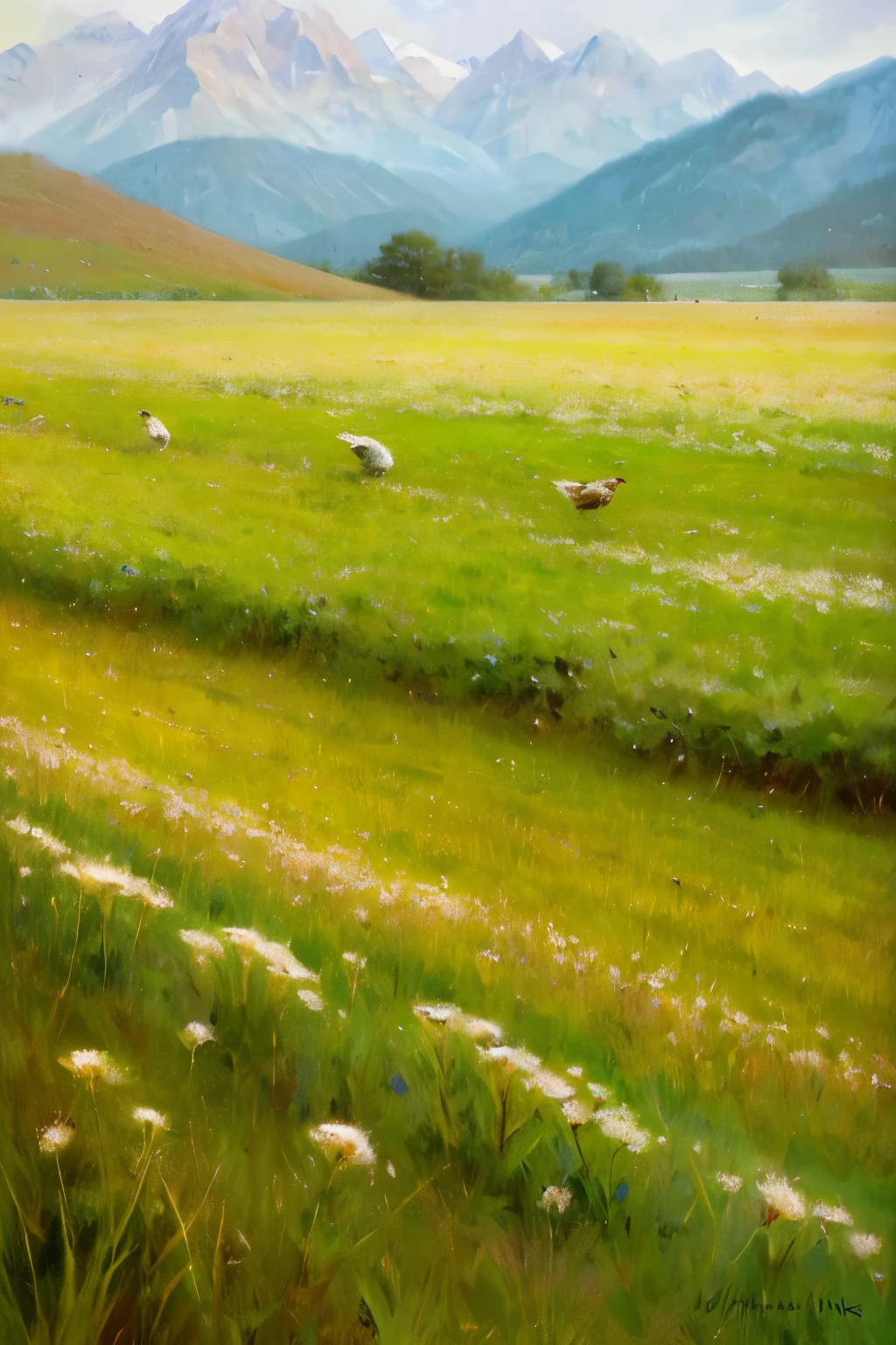 Create an oil painting of a romantic countryside field with sunlight, grass, a few birds, distant mountains covered in mist, and a close-up of a ripe rice field.