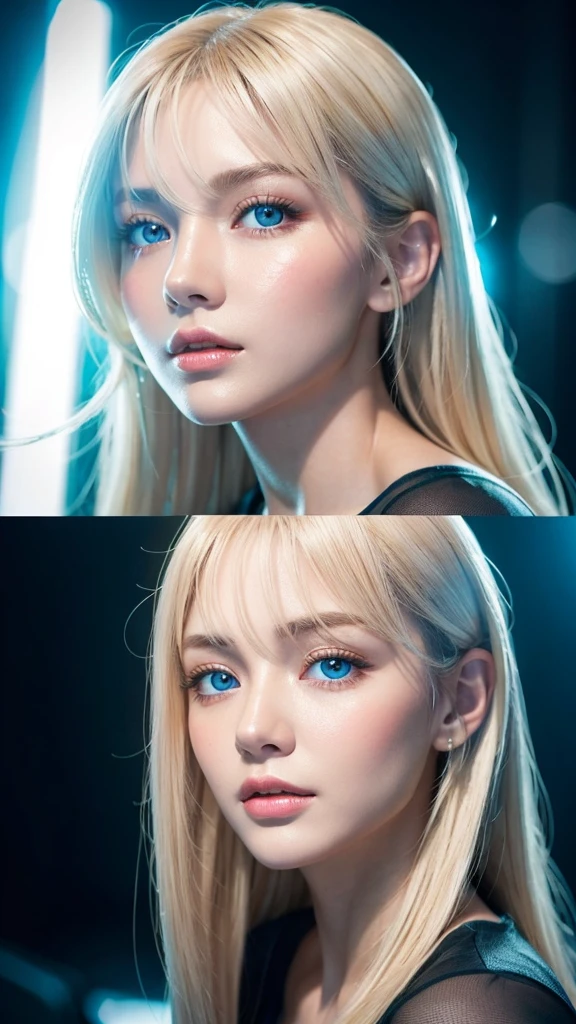 clothed、(photoreal:1.4)、(ハイパーrealistic:1.4)、(realistic:1.3)、(smooth lighting:1.05)、(Improved movie lighting quality:0.9)、At 32K、1 girl、20 year old beautiful girl with super long platinum blonde hair、beautiful bangs between the eyes、realistic lighting、back lighting、face light、ray trace、(bright light:1.2)、(Improve quality:1.4)、(Highest quality realistic textured skin:1.4)、Finely sparkling bright light blue eyes、detailed face、fine quality eyes、(tired, sleepy and satisfied: 0.0)、close up face、T-shirt、(Enhance the atmosphere of your body line:1.1)、(Enhances the beauty of skin texture:1.1)、cheek gloss highlight