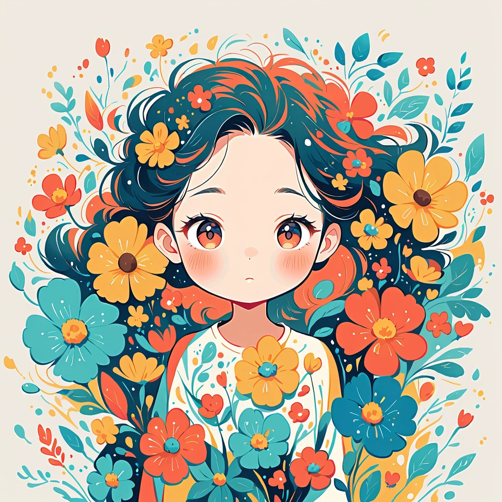Watase Seizo style, Standing in front of a high wall,Simple line initials,Abstract art, (((The most beautiful girl))), (((Little))), Colorful flowers,