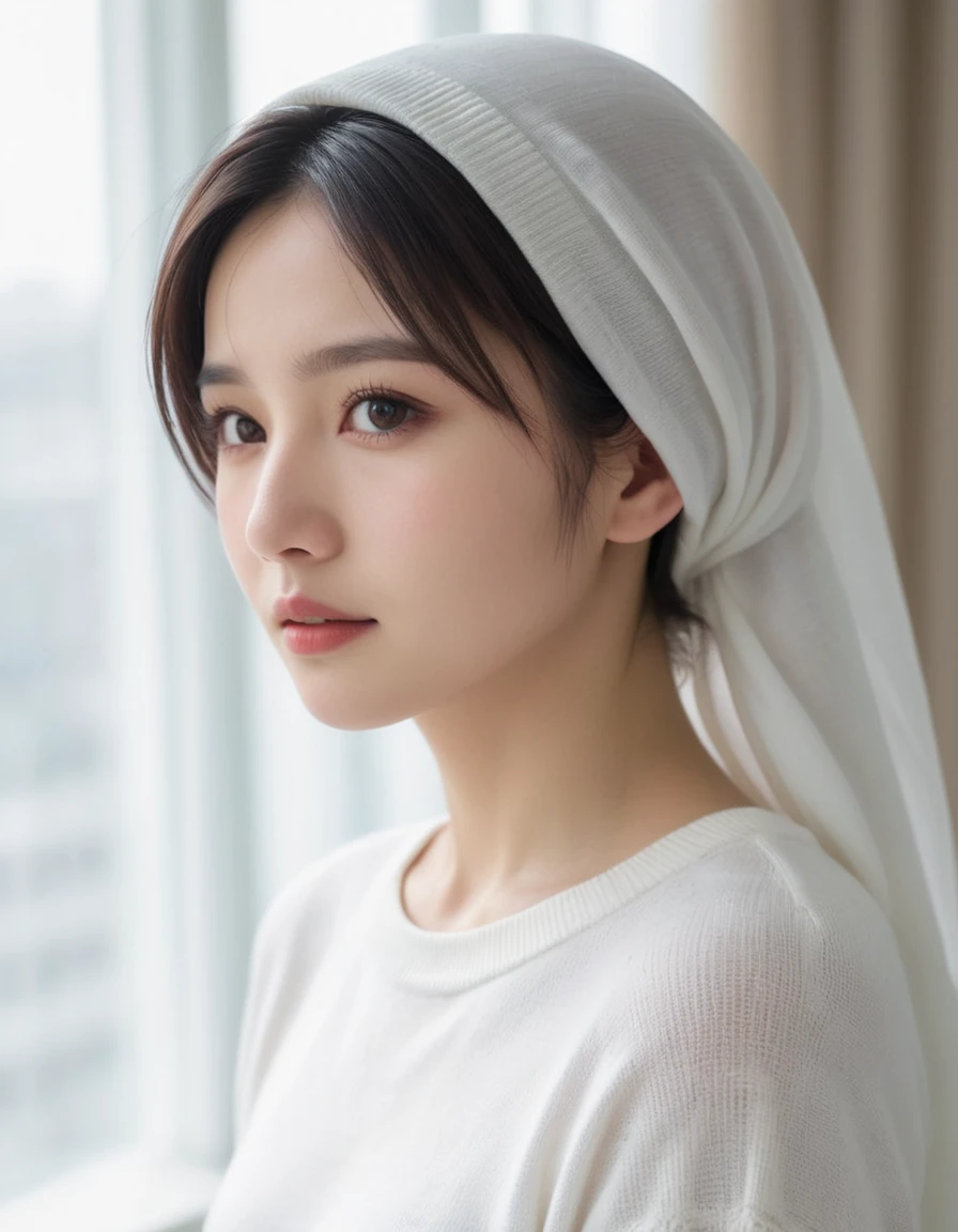 apanese woman, (close-up:2), (natural lighting), white hijab, forehead, (dark brown eyes), (from the side), (slanted eyes down), frown, (white sweater), (dynamic pose) (translucent curtains, bright room