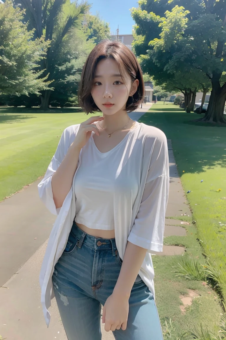 4k realistic, 25 years old, ๅเรพส, grass, nature, messy hair, short hair