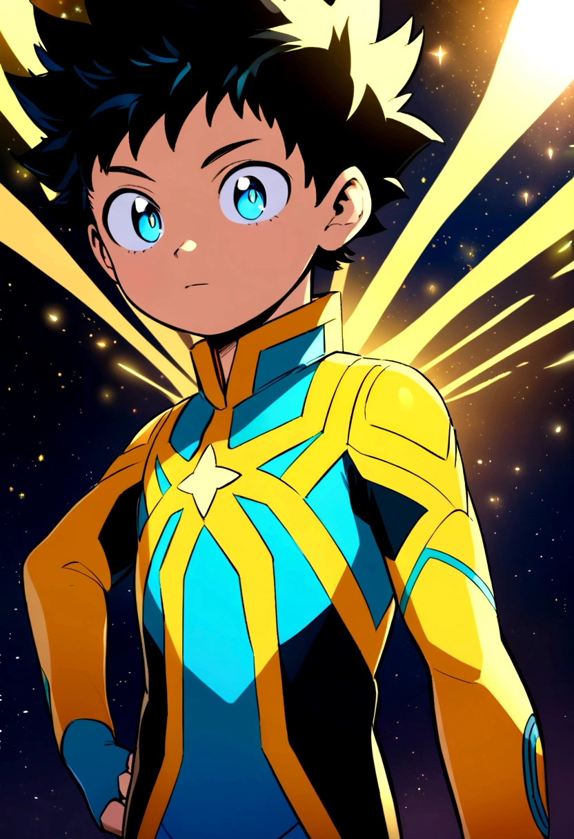  shotacon boy with star powers dresses in yellow and has blue eyes anime style from My hero academia A short little