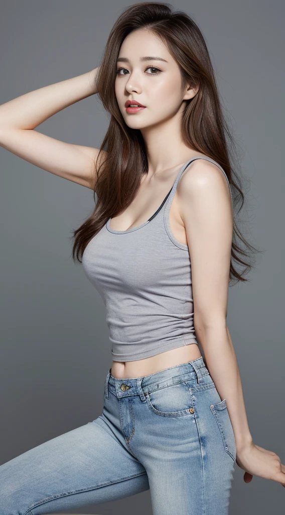 (lifelike, high resolution:1.3), Woman with perfect body 1, very fine face and eyes,long gray hair, Random color tank top:1.2, short jeans pants, Big Bub,showing stockings