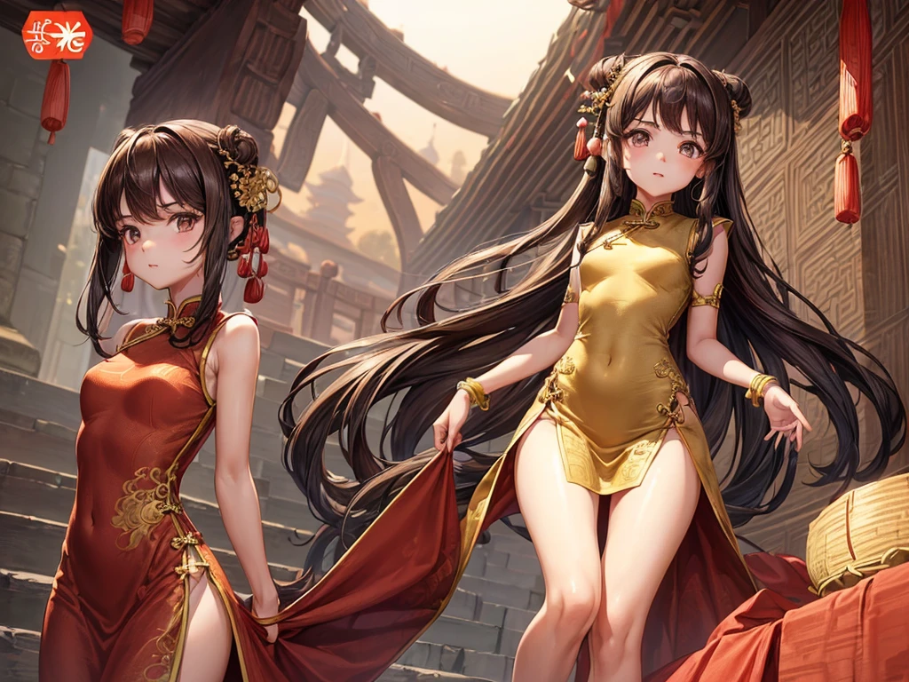 (((depict very little very young girl))), long brown hair, brown eyes, stand up, small  breasts, shy, focused, (nice hips), (show hips), (((ftight chinese dress))), (Masterpiece, Excellent, complex details),  delicate girl, delicate face