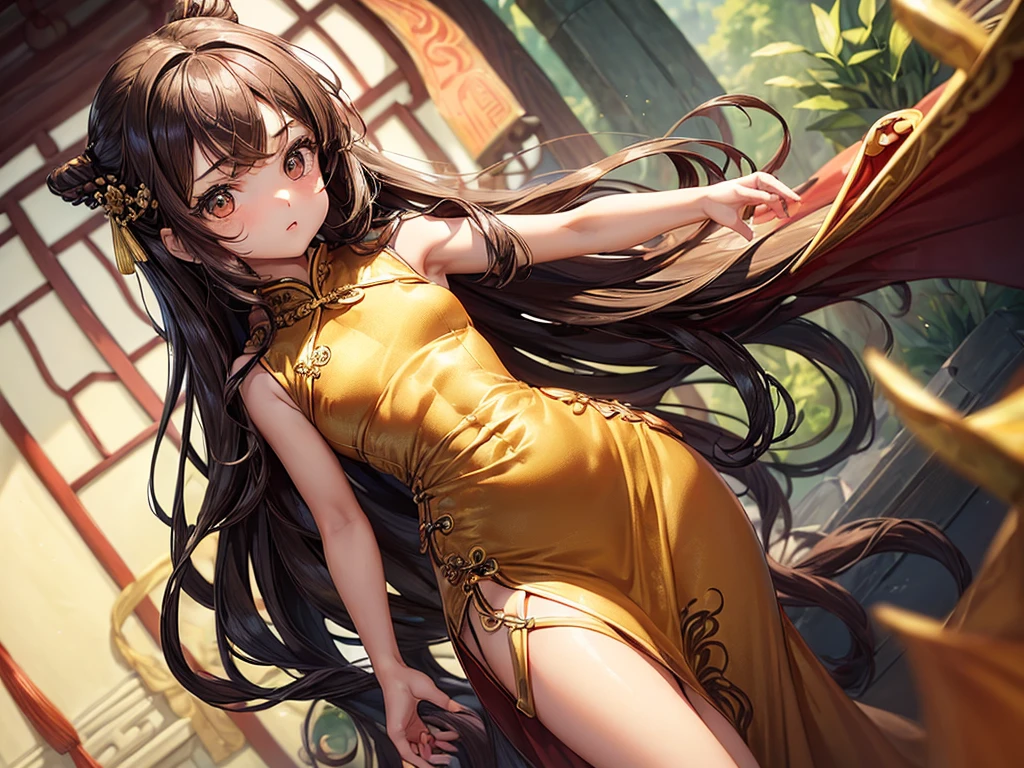 (((depict very little very young girl))), long brown hair, brown eyes, stand up, small breasts, shy, focused, (nice hips), (show hips), (((ftight chinese dress))), (Masterpiece, Excellent, complex details), delicate girl, delicate face