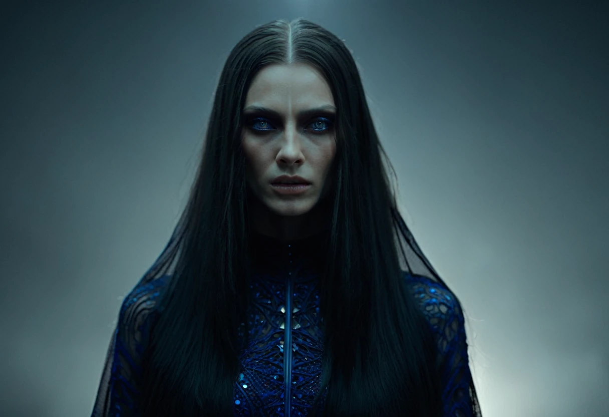Fashionable of androgynous alien looking witch wearing veil, glowing eyes, beautiful evil slavic muscular woman, pale skin, long hair, futuristic design, minimal details, givenchy, photoreal, 200mm, hd, f/ 2.0, highly detailed, surreal , drop dead, in the style of red and blue, (intricate details, hyperdetailed:1.15) (skin texture:1.2), cinematic, professional, 4k, (((dynamic model pose))), sitting, full body, mesmerizing, dynamic, dramatic, sensual, dynamic pose, highly detailed skin with hair, subcutaneous veins, light and shadow play, highly detailed,24mm photograph, film, bokeh, professional, 4k,