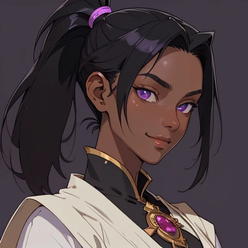 (masterpiece), (best quality),(portrait),(bust up),1girl,solo,(sharp focus),(dark skin),((hime cut)),black hair,(short pony tail),shilver clothes,purple eyes,(ancient girl:1), ancient luxurious long clothes,old school fantasy art,((simple background)),super shiny face,Ultra Glossy skin, light smile