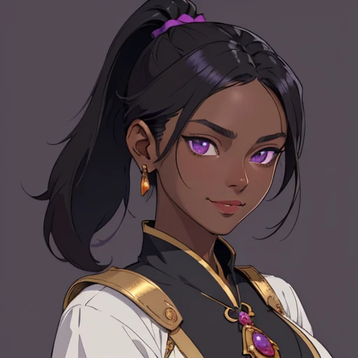 (masterpiece), (best quality),(portrait),(bust up),1girl,solo,(sharp focus),(dark skin),((hime cut)),black hair,(short pony tail),shilver clothes,purple eyes,(ancient girl:1), ancient luxurious long clothes,old school fantasy art,((simple background)),super shiny face,Ultra Glossy skin, light smile