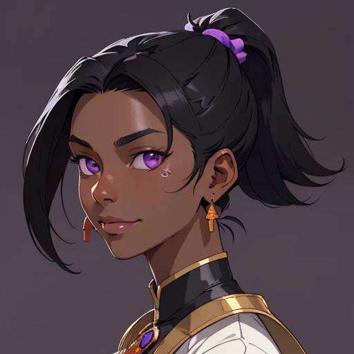 (masterpiece), (best quality),(portrait),(bust up),1girl,solo,(sharp focus),(dark skin),((hime cut)),black hair,(short pony tail),shilver clothes,purple eyes,(ancient girl:1), ancient luxurious long clothes,old school fantasy art,((simple background)),super shiny face,Ultra Glossy skin, light smile