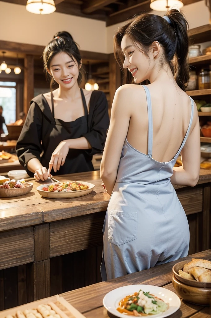 (((best quality))),(((ultra detailed))),(((masterpiece))),illustration,((1 beautiful young girl,solo)),((slim,thin)),((bare back,towering hips,butt crack)),(short ponytail:1.2),(laughing:1.2),stunning, radiant complexion, mesmerizing eyes,((sheer apron,bare arms,bare shoulder)),frilly, domesticity, playfulness, colorful patches, vegetables, cooking utensils, whimsical,delicate features, gentle smile, perfectly aligned teeth, contentment, warmth, friendliness, vibrant atmosphere, bustling,barbecue restaurant, wooden panels, hanging plants, cozy, earthy feel, scent of sizzling meats, spices, patrons, tables, meals, laughter, lively ambiance, gleaming wooden counter, checkout counter, assortment of bills, receipts, cash register, calm, collected, typing, precision, simplicity, joy, hard work, hospitality, culinary delights,((from back,upper body))