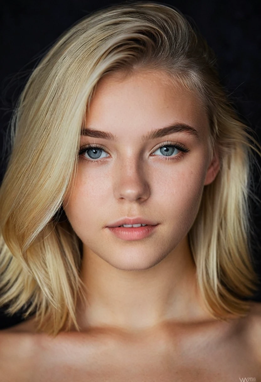 Create me a Blonde German Girl, 18yo, Ava Young, (Amazing skin details: 1.4), (natural skin: 1.2), (pores: 0.6), (detailled eyes: 1.2), ,black backdrop, studio, bright border, dark atmosphere, (bokeh: 1.2), fotografia, filmic, photorealestic, Ultrarealistic, perfect figure, perfect anatomy,