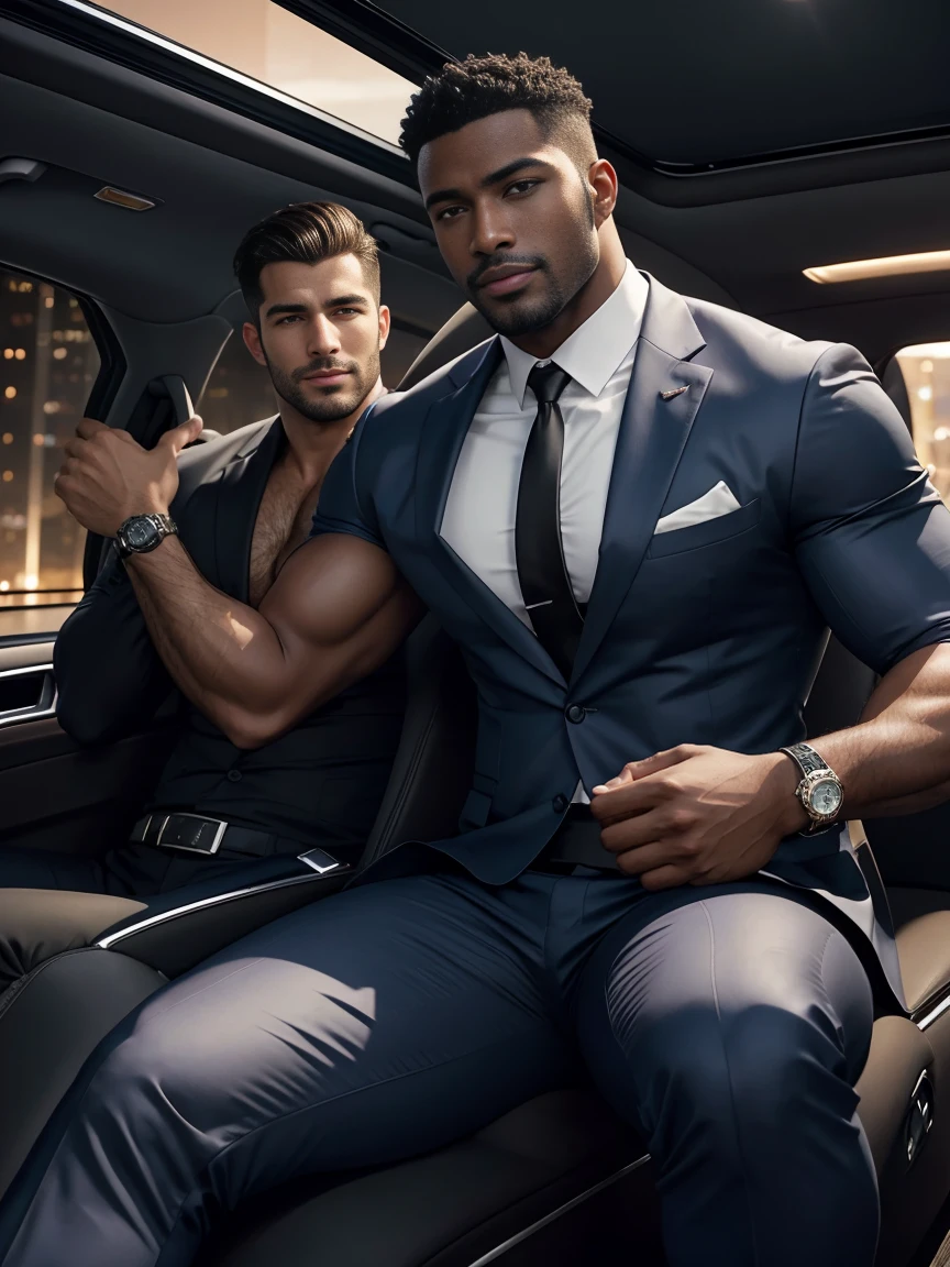 8K，8K resolution，2 Muscular Europeans, handsome man，charming eyes，dark skin,beautiful, smooth and shiny，Full muscles，Thick body hair， (wearing a stylish suit)，big bag highlights，Excellent j8，emphasize，Driving a luxury convertible，The car is full of roses，Two men smiling happily，professional lighting，Professional photography，Realistic photos，realistic model，realistic art，Perfect hand details