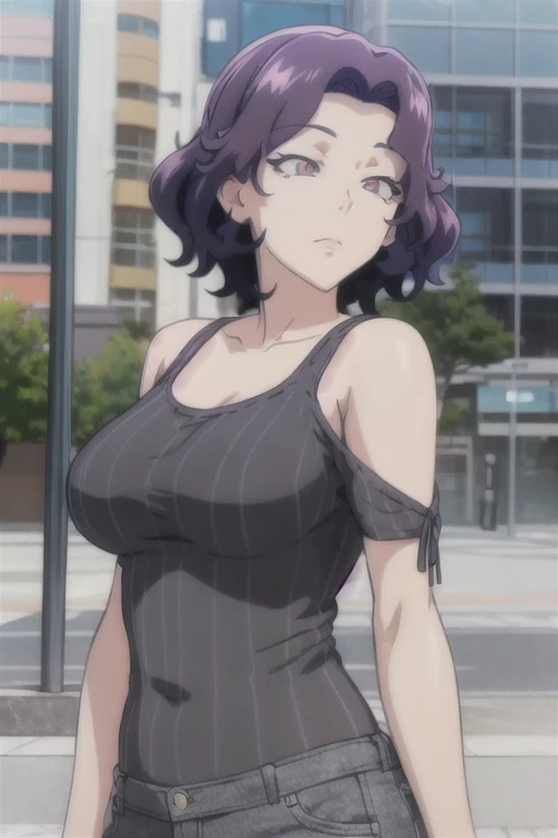 masterpiece, (best quality), 1woman, ,hamaoka_azusa,  purple hair , medium hair,sexy woman, casual clothes,best quality , vibrant colors ,natural lighting  ,RTX,  big breasts, beautiful, (detailed face:1.2), showcase, (beautiful eyes) ,(photorealistic:1.1), 8k uhd,  looking a viewer,  simple backround