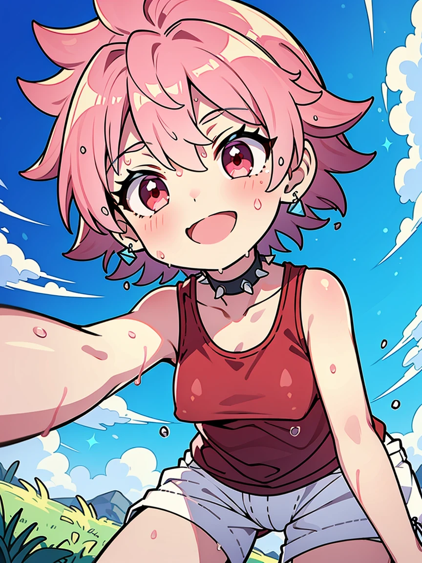 Shota:1.5), (baggy:1.4), (Red Tank Top:1.3), (White panties:1.3), (bulge&erection:1.2), (Looking up:1.4), The wind is blowing, (((Highest quality))), (((masterpiece))), (((Super detailed))), (skinny:1.3), ((Spiked Hair)), (The wind is blowing), ((Pink Hair)), Wine red eyes, Raise your arms, ((smile)), (Open your mouth), ((Earrings)), blue sky, Grass, (Choker on neck), Underarm, Sweaty skin, ((Wet clothes)), Nipples, center, (Shooting from below