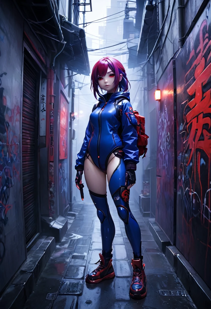 1girl, blue survival suit, purple hair, red eyes, dark alley, red graffiti, japanese led, fog, 8k, ambient occlussion, focus on subject