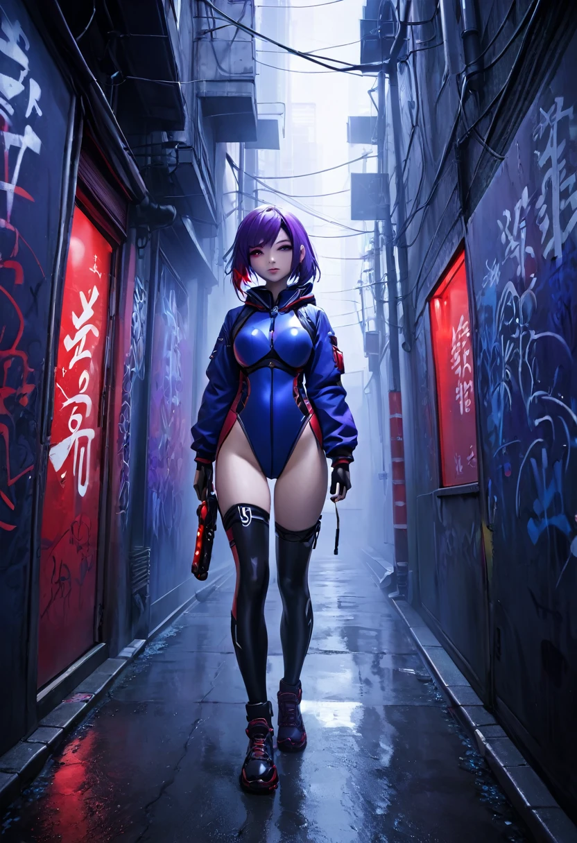 1girl, blue survival suit, purple hair, red eyes, dark alley, red graffiti, japanese led, fog, 8k, ambient occlussion, focus on subject