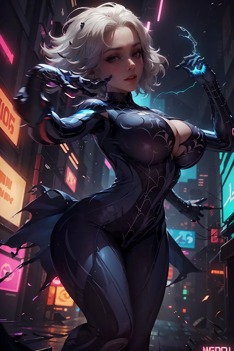 A super detailed and high quality illustration of a Spider-Girl with long sleeves, big breasts, and short white hair, highly detailed facial features, beautiful eyes, elegant pose, dynamic action, neon cyberpunk city background, glowing web effects, cinematic lighting, vibrant colors, digital art, concept art style