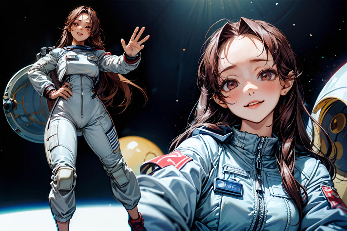 highest quality, Detailed face, Character Sheet,(((Young woman:1.5))), ((whole body:1.2)), Full of details, Multiple postures and facial expressions, very detailed, Depth, 1 Young woman, without bangs, (white long hair, Gray sexy eyes, Straight hair, Black T-shirt and Leather Jacket looks, medium breasts, High neckline, strap, Waiting, astronaut suit, space suit, White running shoes, Rocker style, sexy smile and pose,Discolored skin