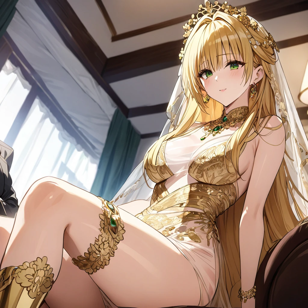 The woman and her daughter are close together、((Highest quality)), ((masterpiece)), (detailed), (Perfect Face)、The woman was a tiare with green eyes and medium-long blonde hair, and was wearing a luxurious, shiny, gold-colored, long-slit see-through dress with gorgeous embroidery and trim, which allowed her skin to show through, a gold-colored see-through cape, and a gold-colored see-through veil. She was wearing a gorgeous jeweled hair accessory, a jeweled head dress chain, a jeweled waist chain, a gorgeous necklace, bracelets, ankle bracelets, jeweled earrings, and shiny gold boots. She was also wearing an engagement ring.、The woman is sitting on a luxurious sofa in a luxurious room with her 12-year-old daughter and a man, enjoying a family gathering.、The man is a dignified, bearded, elderly man of great wealth, wearing luxurious clothing with gold embroidery and trim.