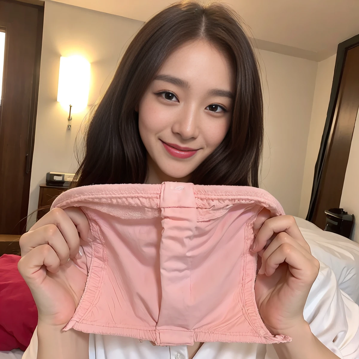((1 female))),masterpiece, Highest quality, Very detailed、 show panties to camera, Pink Panties、smile,pretty girl,20-year-old、In the bedroom、25 year old beauty、Japanese Idols、