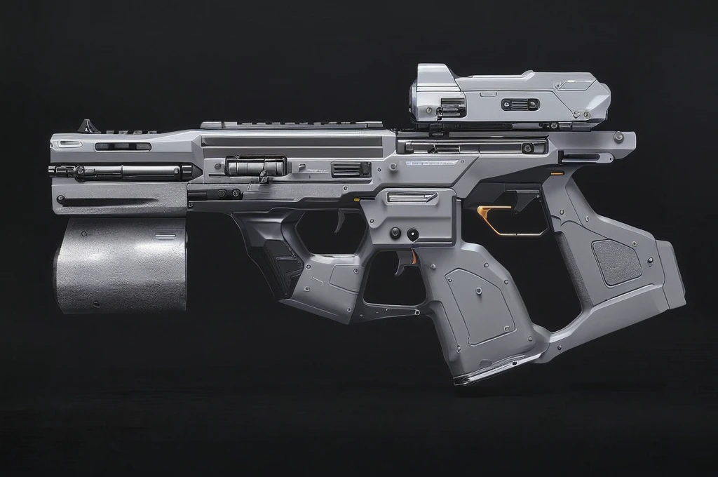 (masterpiece, top quality, best quality, official art, beautiful and aesthetic:1.2),(8k, best quality, no humans,( black background:1.3), gradient, gradient background, weapon, vehicle focus,grey design, Science fiction, gun,bullpup design, 