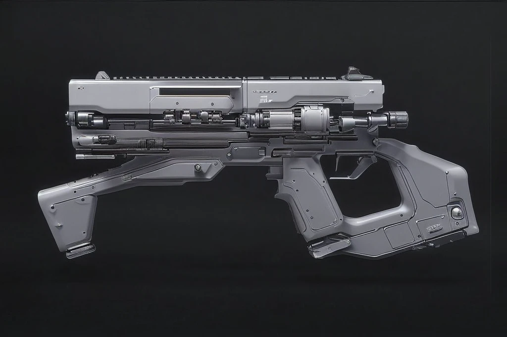 (masterpiece, top quality, best quality, official art, beautiful and aesthetic:1.2),(8k, best quality, no humans,( black background:1.3), gradient, gradient background, weapon, vehicle focus,grey design, Science fiction, gun,bullpup design, 