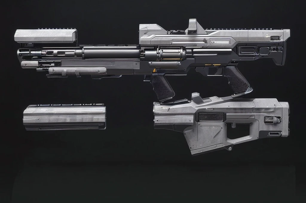 (masterpiece, top quality, best quality, official art, beautiful and aesthetic:1.2),(8k, best quality, no humans,( black background:1.3), gradient, gradient background, weapon, vehicle focus,grey design, Science fiction, gun,bullpup design, 