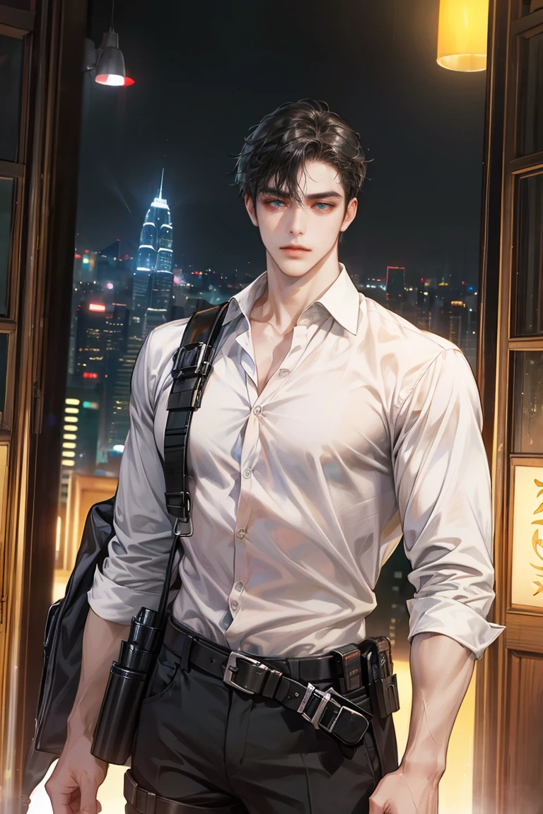(absurdres, highres, ultra detailed, original character, HDR), 1 boy, solo, adult, handsome, ((tall muscular guy, broad shoulders)), finely detailed eyes, (black hair), hair between eyes, turquoise eyes, holographic, futuristic, casual and sexy outfit, gun holster, (body tight white shirt), ((large man breasts)), ((wearing an earring)), (portrait), dutch angle, face focused, british colonial scenery, dystopian hong kong city, skyscrapers, closed mouth, looking at viewer, depth of field, bokeh