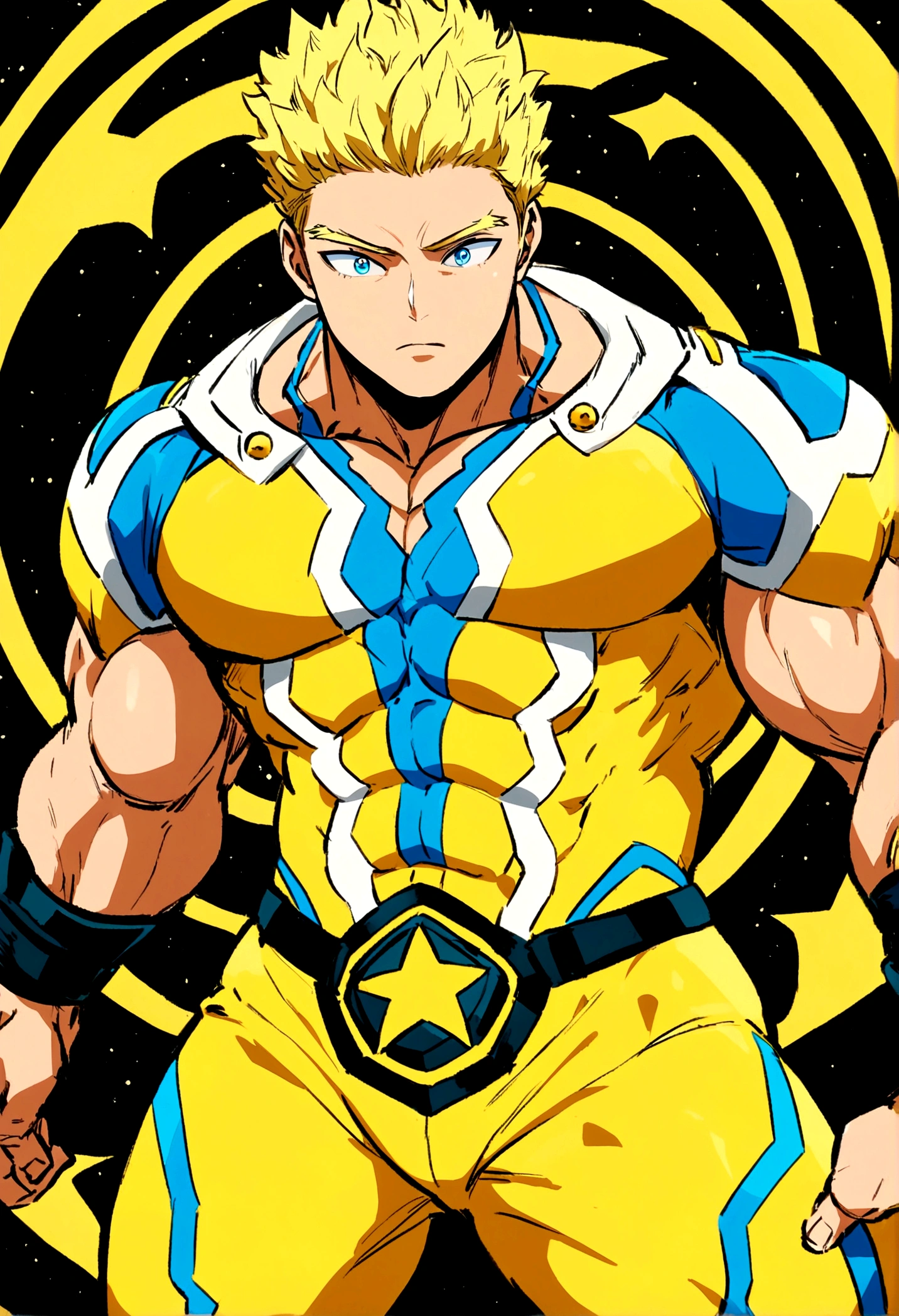 Little shotacon boy with star powers dresses in yellow and has blue eyes anime style from My hero academia A short little boy He doesn't wear a shirt, just yellow pants and he is blonde and has a muscular body.