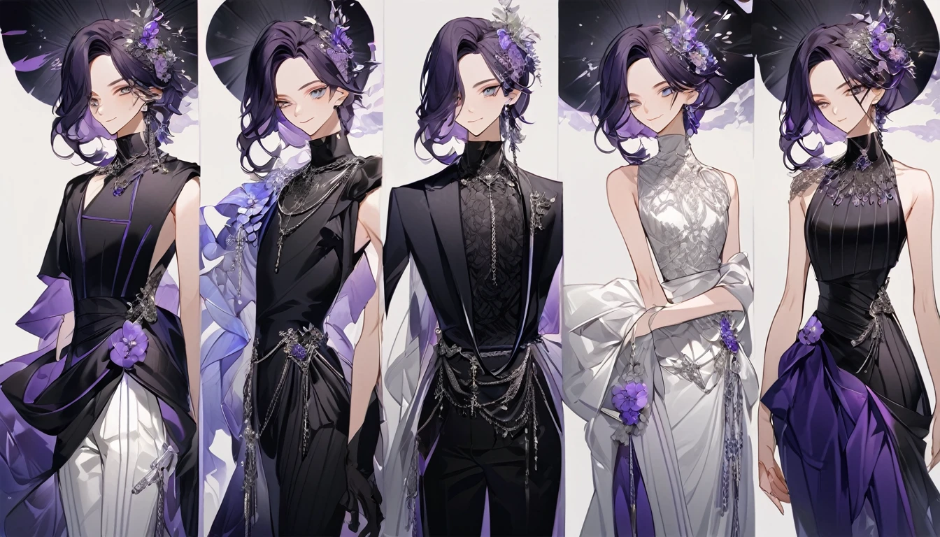 Feminine boy, soft womanish facial features, smile, squinted siren dark blue eyes without glare, silver and dark purple long loose hair with straight bang, fantasy black clothes with blue and purple elements, long black gloves, model, gorgeous, elegant, lots of silver jewelry, flowers in his hair, skinny body, hourglass figure, light lipstick, pants