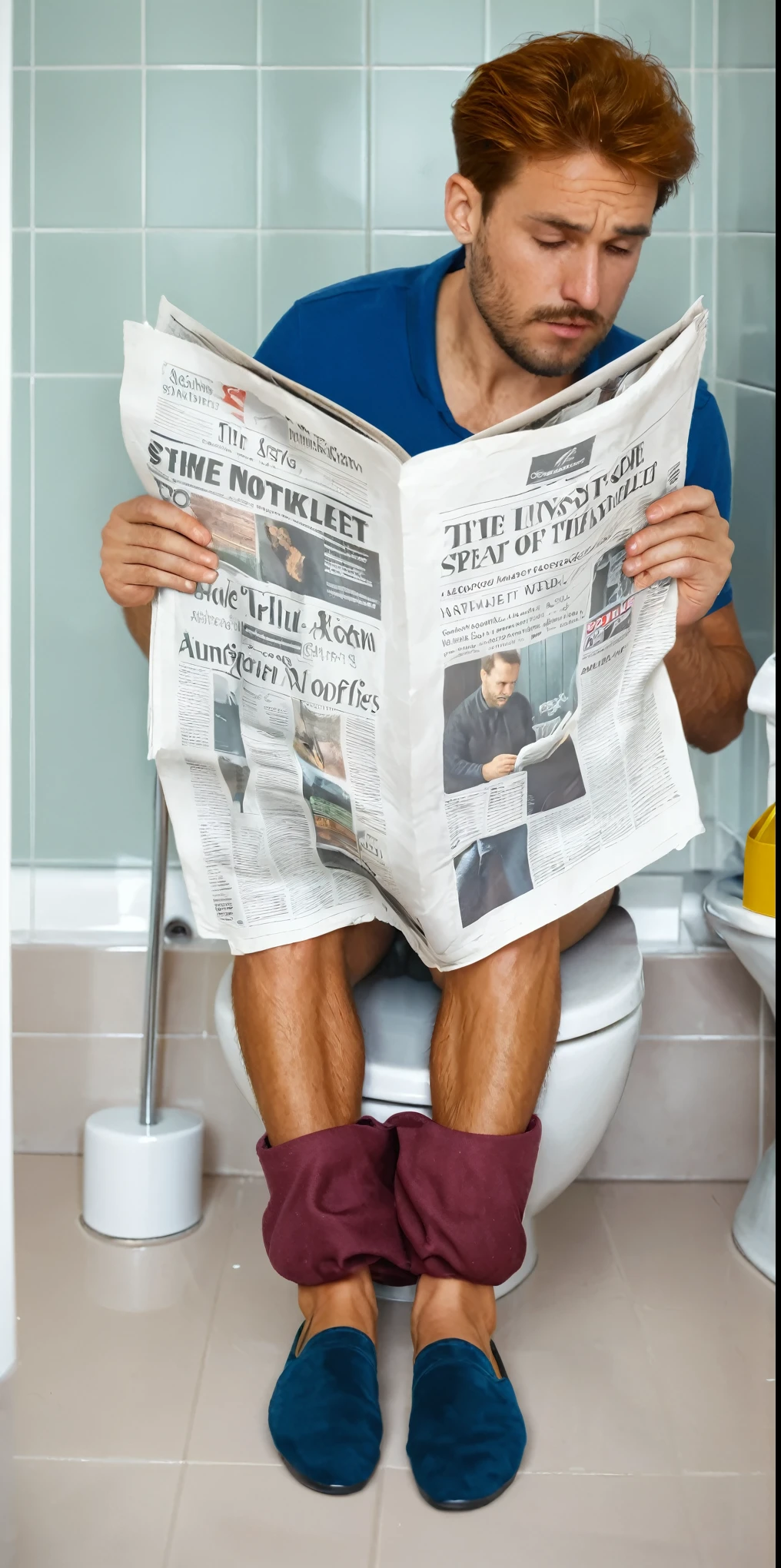 Realism，photography，8K,detail，Man sitting on toilet and reading newspaper