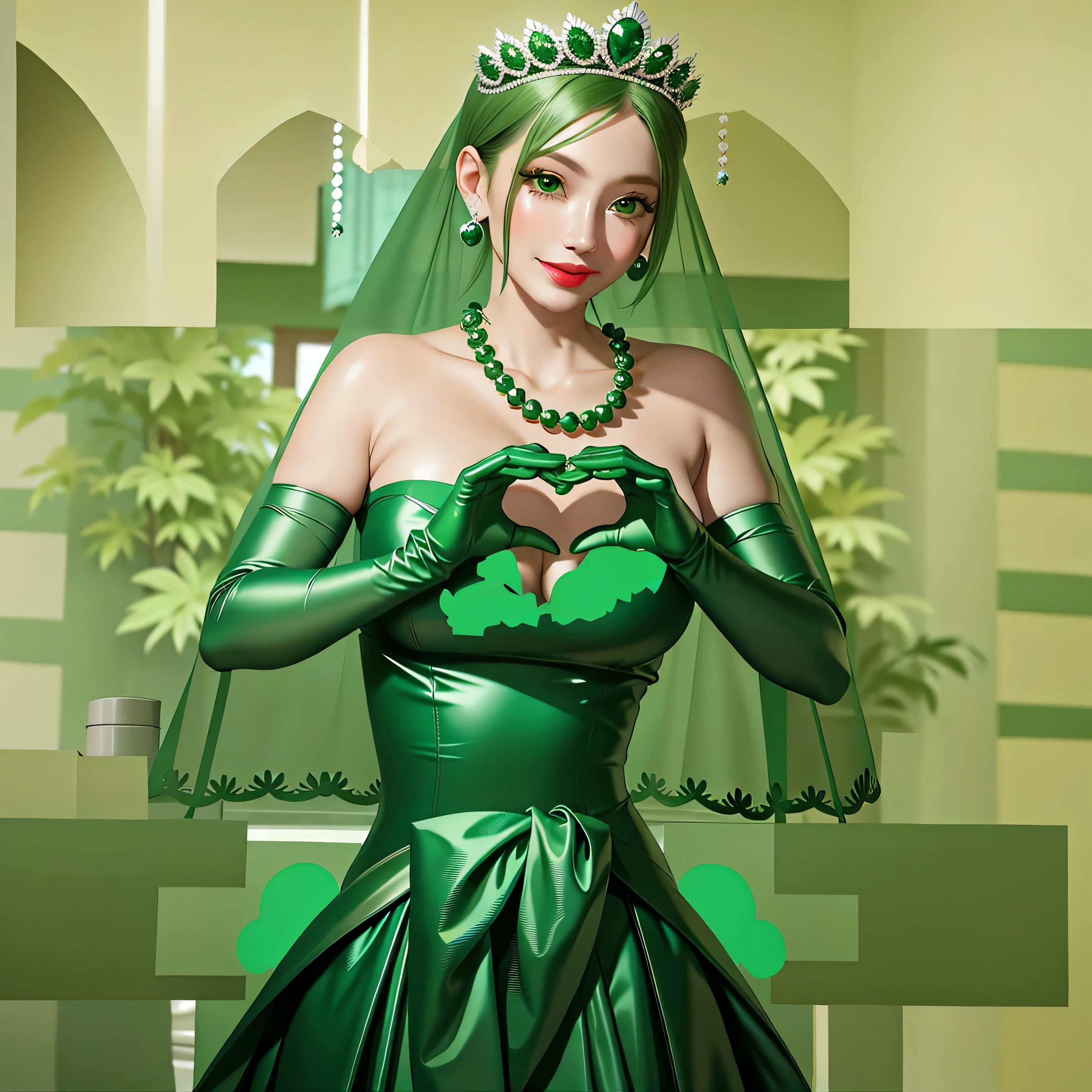 emerald tiara, Green Pearl Necklace, Boyish very short green hair, Green Lips, Smiling Japanese woman, Very short hair, Busty beautiful lady, Green Eyes, Green satin long gloves, Green Eyes, Emerald Earrings, Green veil, Heart with both hands, Green Hair, Beautiful Japanese Women, Heart shaped hands:1.3, green lip gloss