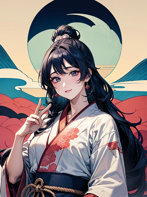 (Highest quality、masterpiece、High resolution、8K)、Vibrant colors、1 female、Black hair Japanese topknot、whole body、Bon dance、着物は和装で白地に鮮やかなflower柄模様、Official Art、The background is Ukiyo-e style、White waves,Fuji Mountain,flower,moon,cloud,