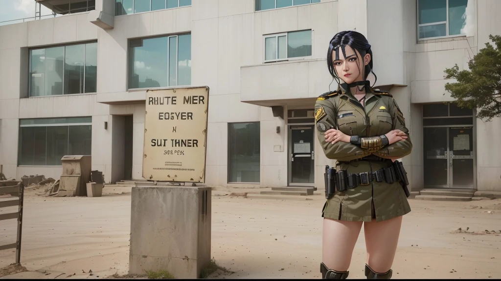 there is a woman in a uniform standing in front of a sign, promotional still, photo still, closeup shot, still from a live action movie, promotional still wide angle, promotional movie still, portrait shot, still from the movie, still image from the movie, alita battle angel, movie still 8 k, at netflix, sony pictures