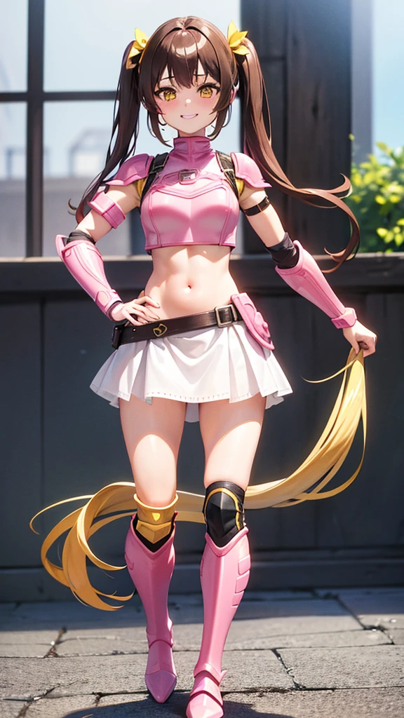 , brown hair, Twintail, yellow eyes, pink armor, Show your belly, smile, full body, pink boots, pink arm armor, white skirt armor