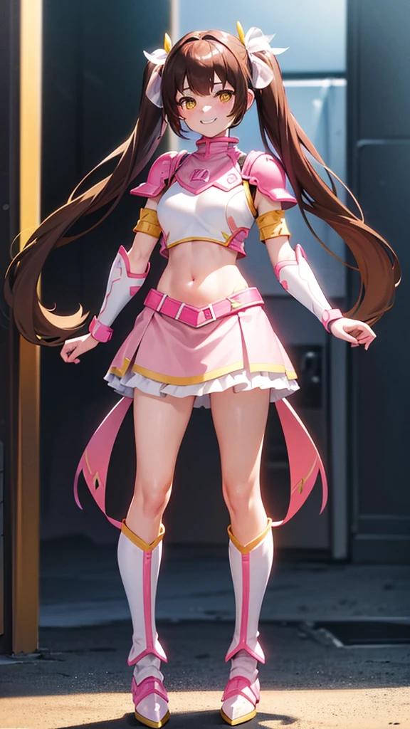 , brown hair, Twintail, yellow eyes, pink armor, Show your belly, smile, full body, pink boots, pink arm armor, white skirt armor