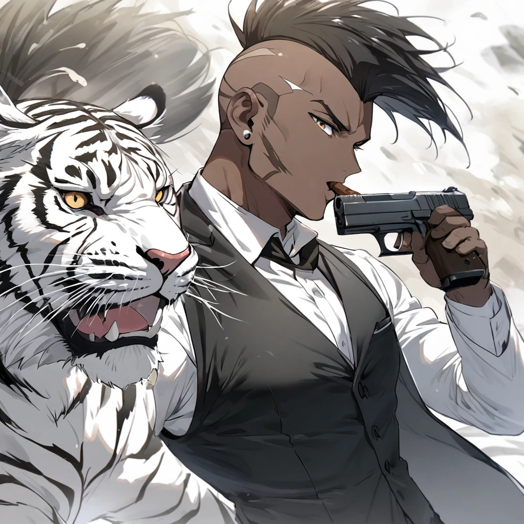 cigar, black hair, mohawk, suit, vest, pistol, white tiger, man, brown skin