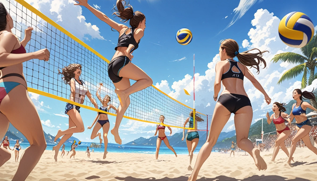 Beach Volleyball, multi girls, Volleyball, jumping, running, extremly detailed, beach