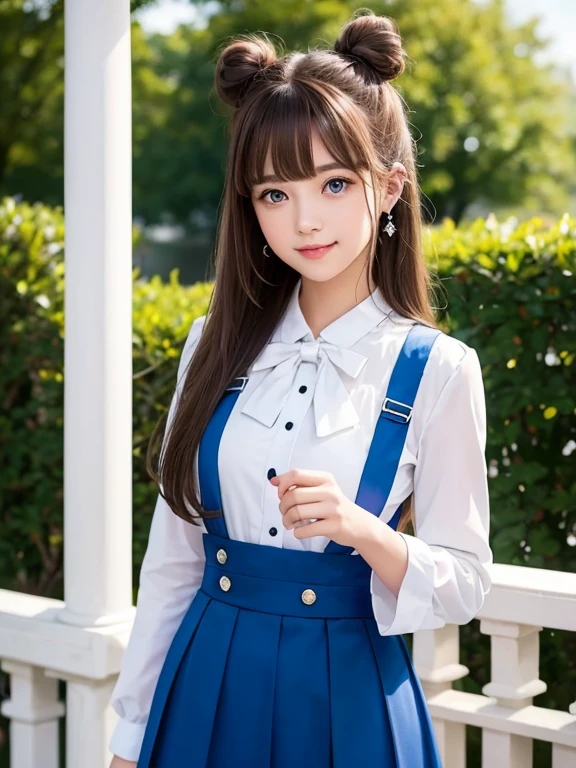 porch、Uniforms、Bright expression、Half bun 、A 24-year-old girl、Young, shiny, fair, and bright skin、best look、Natural brown hair,Dazzling highlights、Shiny Light Hair,、Extra long silky straight hair、Beautiful shiny bangs、Bangs、Sparkling crystal clear blue eyes、very beautiful、cute、16 year old girl、Full bust、Dynamic poses
