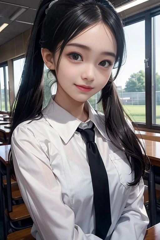masterpiece, Top quality、original photo, Photorealistic、1 Woman、、Junior high school classrooms、a smile、Black hair with ponytail、Uniforms、Unbelievable and ridiculous、Depth of Field, high resolution, Ultra Detailed, Sharp focus, light