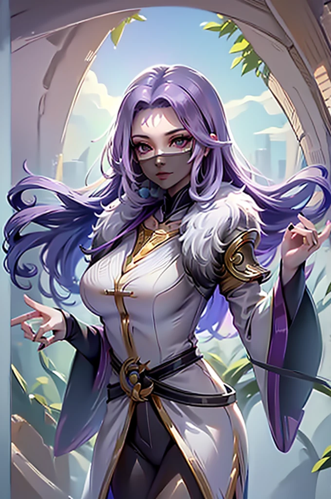 1girl,(masterpiece:1.4, best quality),medium breasts,(intricate details),unity 8k wallpaper,ultra detailed,(pastel colors:1.3),beautiful and aesthetic,detailed,solo, purple hair, luo_yi_ml, mouth veil, big breasts, 