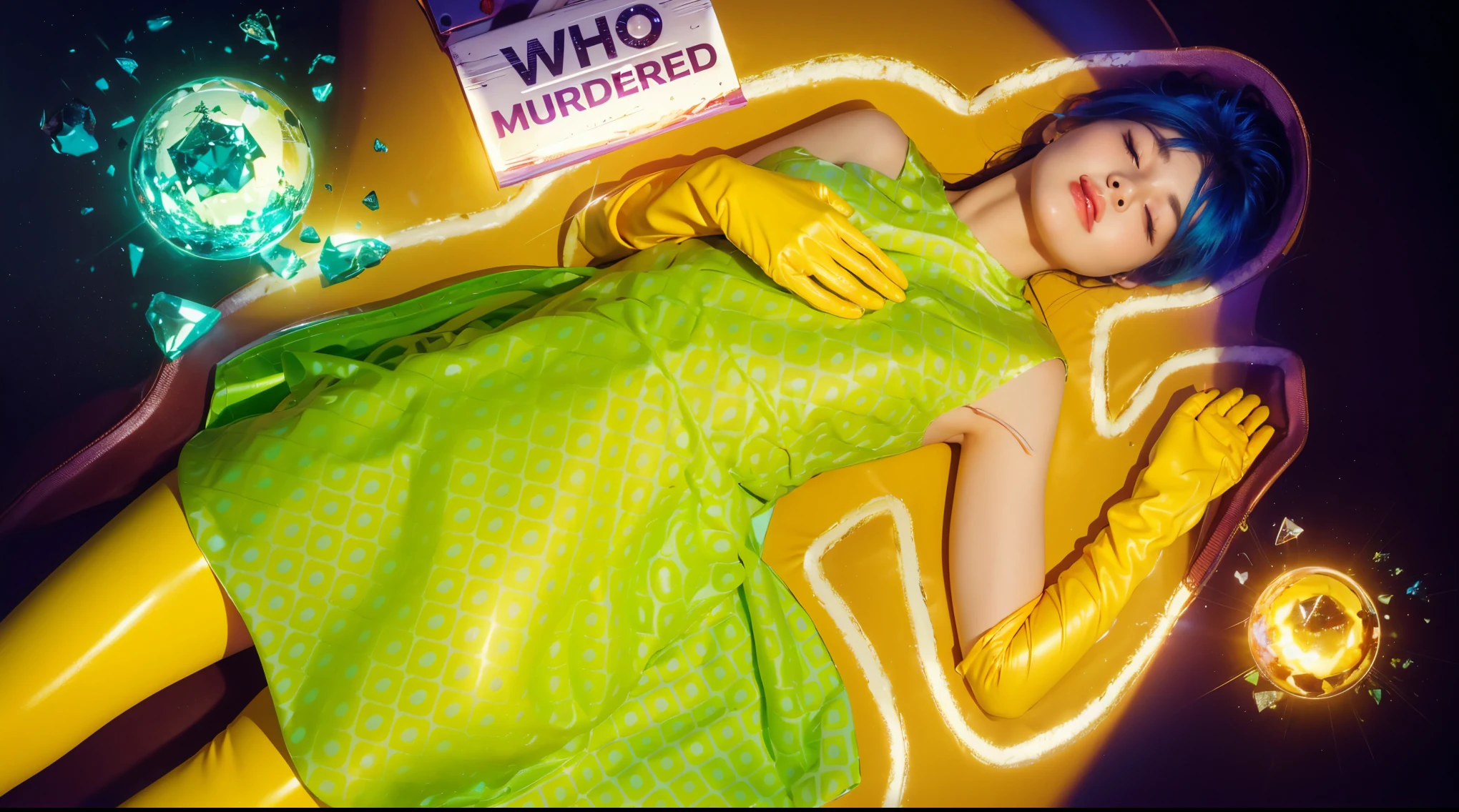 This image presents a visually captivating scene, featuring a woman lying amidst a fantastical setting. The woman, with striking blue hair and closed eyes, appears serene as she rests on a surface that transitions from deep purple to a golden hue. She wears a vibrant green dress that echoes the geometric patterns of her surroundings, complemented by bold yellow gloves that extend to her elbows. In the foreground, two magical orbs—one shattered in pieces emitting a bright blue light and the other intact, glowing with a warm orange hue—are placed near her, suggesting a narrative of mystical or supernatural elements. The broken orb, in particular, adds a dynamic contrast, with its sharp shards scattered around, reflecting light and enhancing the ethereal quality of the scene. The combination of rich The overall composition suggests a moment of dramatic transformation or destruction of a powerful, enchanted object. glossy texture, smooth broken glass magic ball of turquoise color with fragments lying nearby frame above from above on a white background 3d model, multiple light sources, rim light, sharp post broken glass magic ball of turquoise color with fragments lying nearby frame above from above on a white background effects render, (glossy plastic texture with multiple big light probe refractions), perfect cgi, smooth silhouette, high intensity refraction, (super glossy plastic material), most beautiful vfx, , realistic, 4k, high resolution, rim light, smooth 3d model, multiple light sources, rim light, sharp post effects render,, realistic, 4k, high resolution, rim light detailed digital art, reflective, best quality, 4k, masterpiece:1.2, ultra-detailed, realistic, vivid colors, The image of the highest quality, ensuring every detail showcased perfectly. It in 4k resolution, allowing viewers to immerse themselves in the richness of the colors and intricate details. The realistic rendering. under the spotlight, reflecting, high-resolution image, realistic rendering