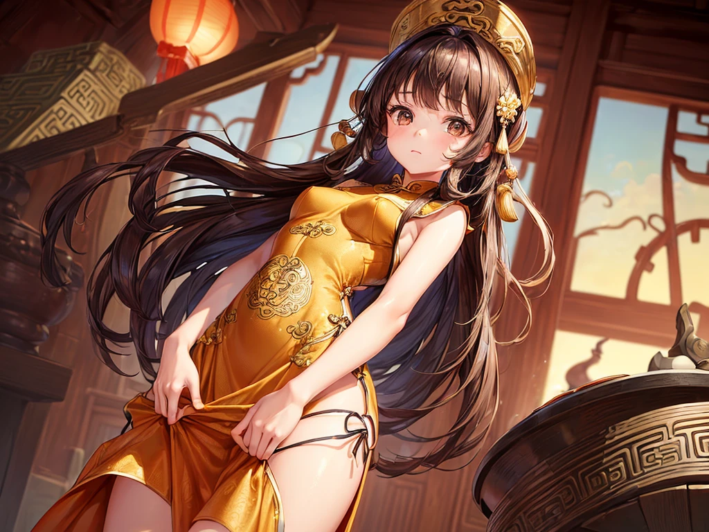 (((depict very little very young girl))), long brown hair, brown eyes, stand up, small breasts, shy, focused, (nice hips), (show hips), (((ftight chinese dress))), ((((no underwear))), (show pussy), (Masterpiece, Excellent, complex details), delicate girl, delicate face