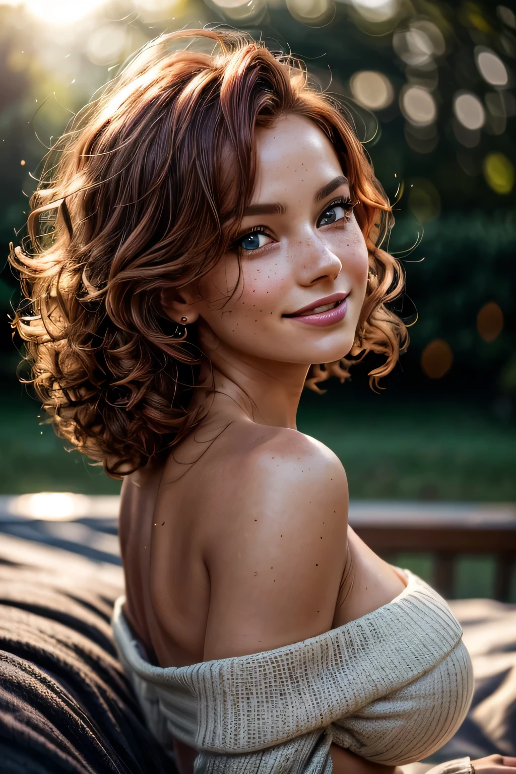 (work of art), (extremely complex:1.3), (realisitic), (((portraite, close up)), happy, smiling) Short and curly redhead Barbie, clear green eyes, leaning forward, loose blue off-the-shoulder knit sweatshirt, bed-inroom, bed-in, bokeh, freckles:0.4, Dimple:1.2, (((skin tanned))), medium breasts, trunk, hinterland, Strong Sunlight, professional photography of a stunning woman detailed, (sharp focus, dramatic, awardwinning, cinematic lighting, volumetric dtx, (Film grain, nblurry background, blurry foreground, bokeh, Depth of field, SUNSET, interaction), 8K
