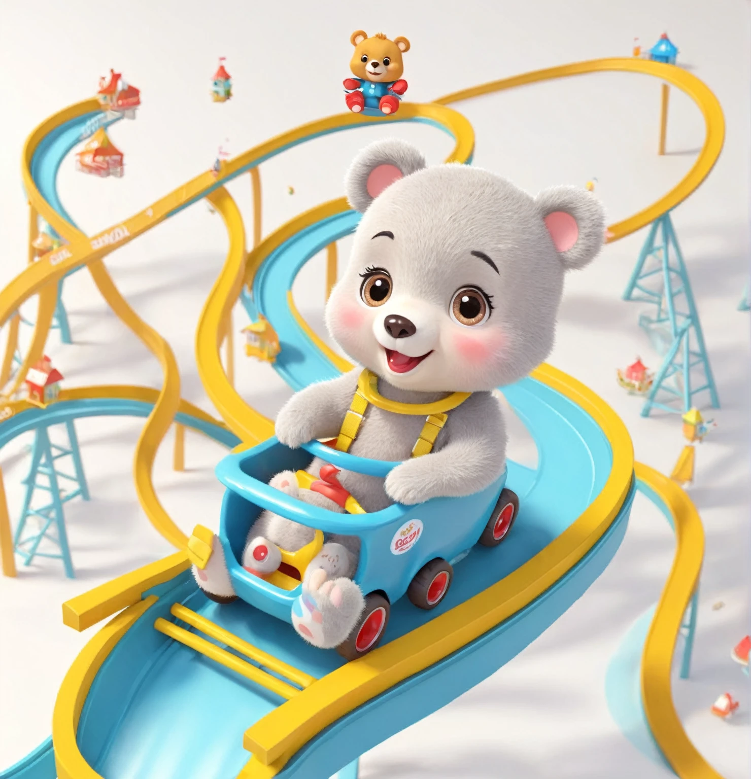 Cartoon cute little bear baby cartoon Q version 3D，Riding a roller coaster，The roller coaster track is spiral，Cartoon style is very cute and adorable.，White background