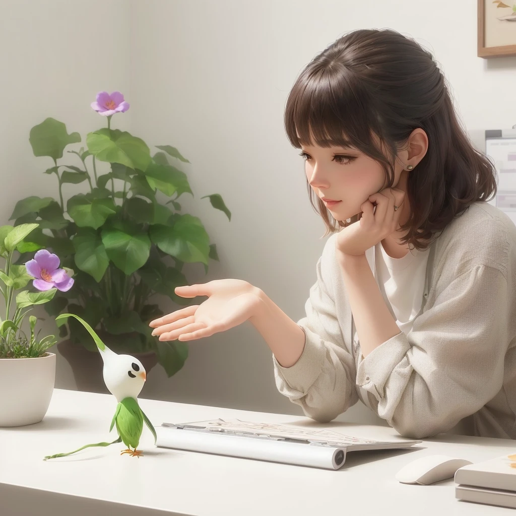 There is a woman sitting at a desk with plants and birds., Cute 3D rendering, Artistic rendering, animation, 3d animation, 3 d animation, animation still, animation character, Expressed in 3D rendering, Stop Motion Characters, japanese animation, Adorable digital painting, character animation, Semi-realistic rendering, figure!, clay animation, praise