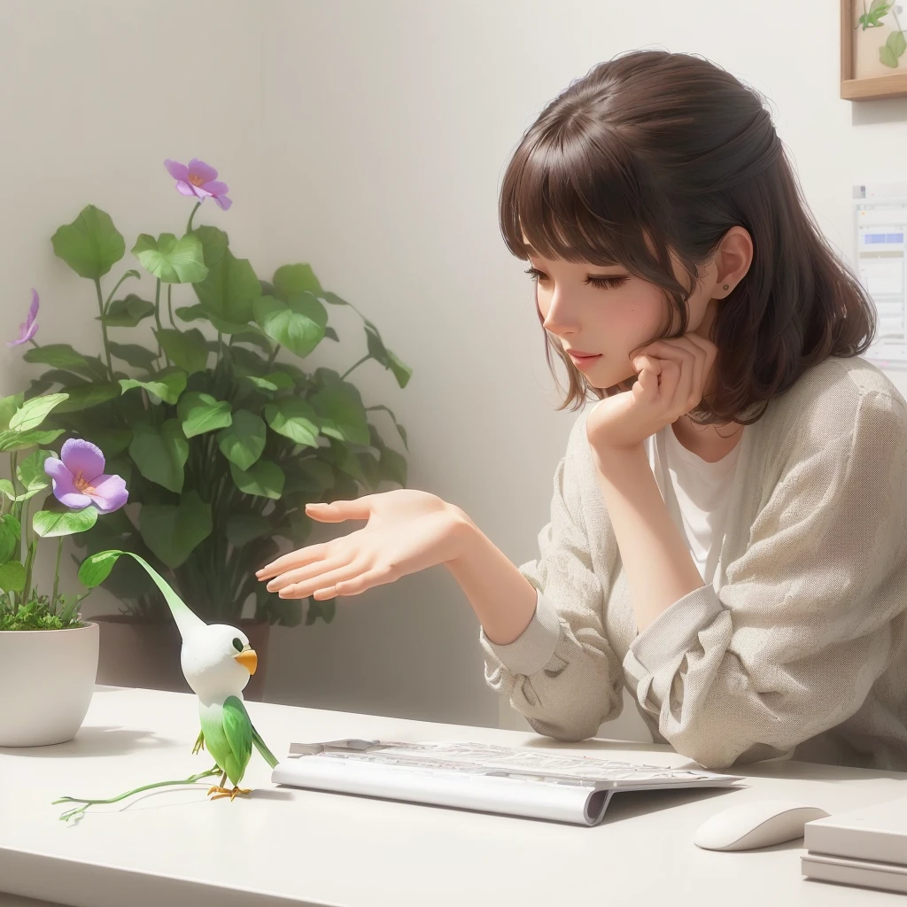 There is a woman sitting at a desk with plants and birds., Cute 3D rendering, Artistic rendering, animation, 3d animation, 3 d animation, animation still, animation character, Expressed in 3D rendering, Stop Motion Characters, japanese animation, Adorable digital painting, character animation, Semi-realistic rendering, figure!, clay animation, praise