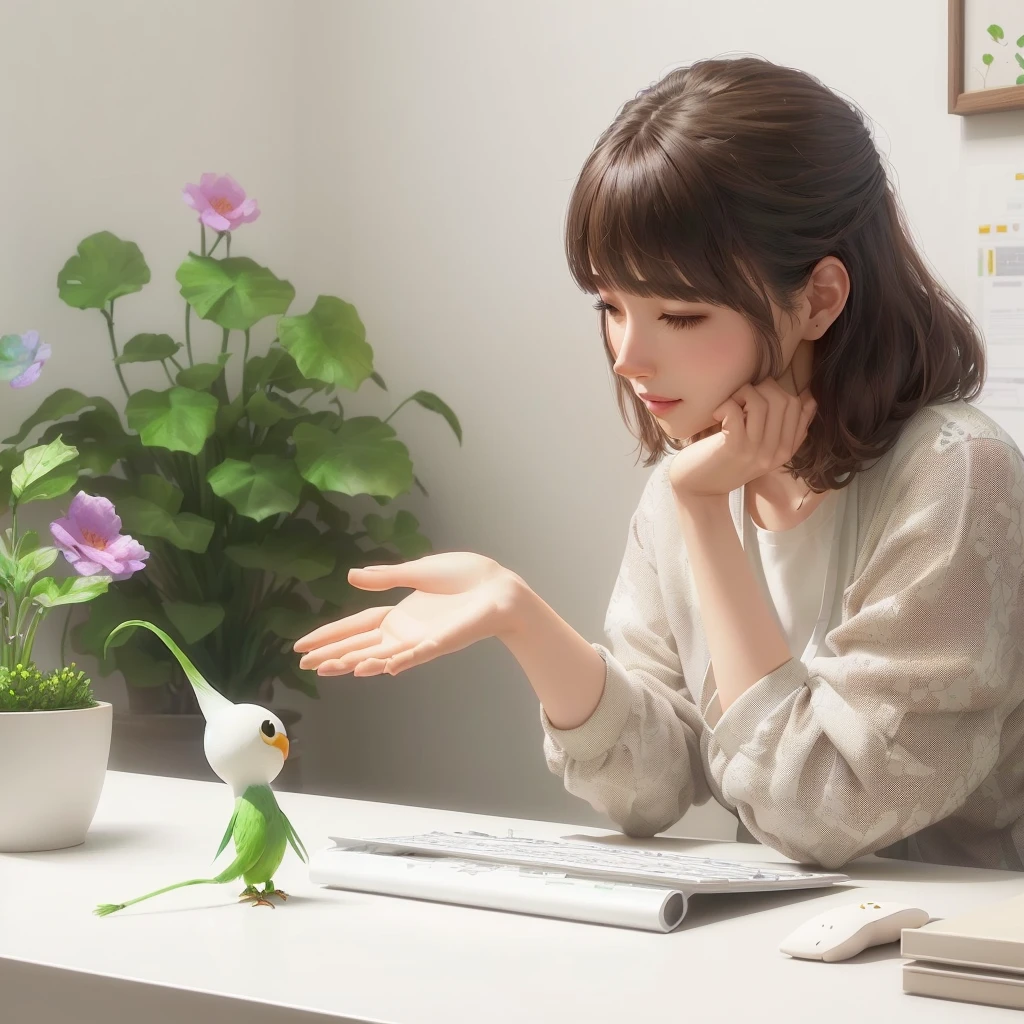 There is a woman sitting at a desk with plants and birds., Cute 3D rendering, Artistic rendering, animation, 3d animation, 3 d animation, animation still, animation character, Expressed in 3D rendering, Stop Motion Characters, japanese animation, Adorable digital painting, character animation, Semi-realistic rendering, figure!, clay animation, praise